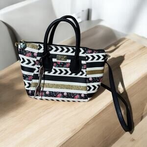 Luv Betsey by Betsey Johnson Shoulder Bag Stripes Black And White Floral Gold